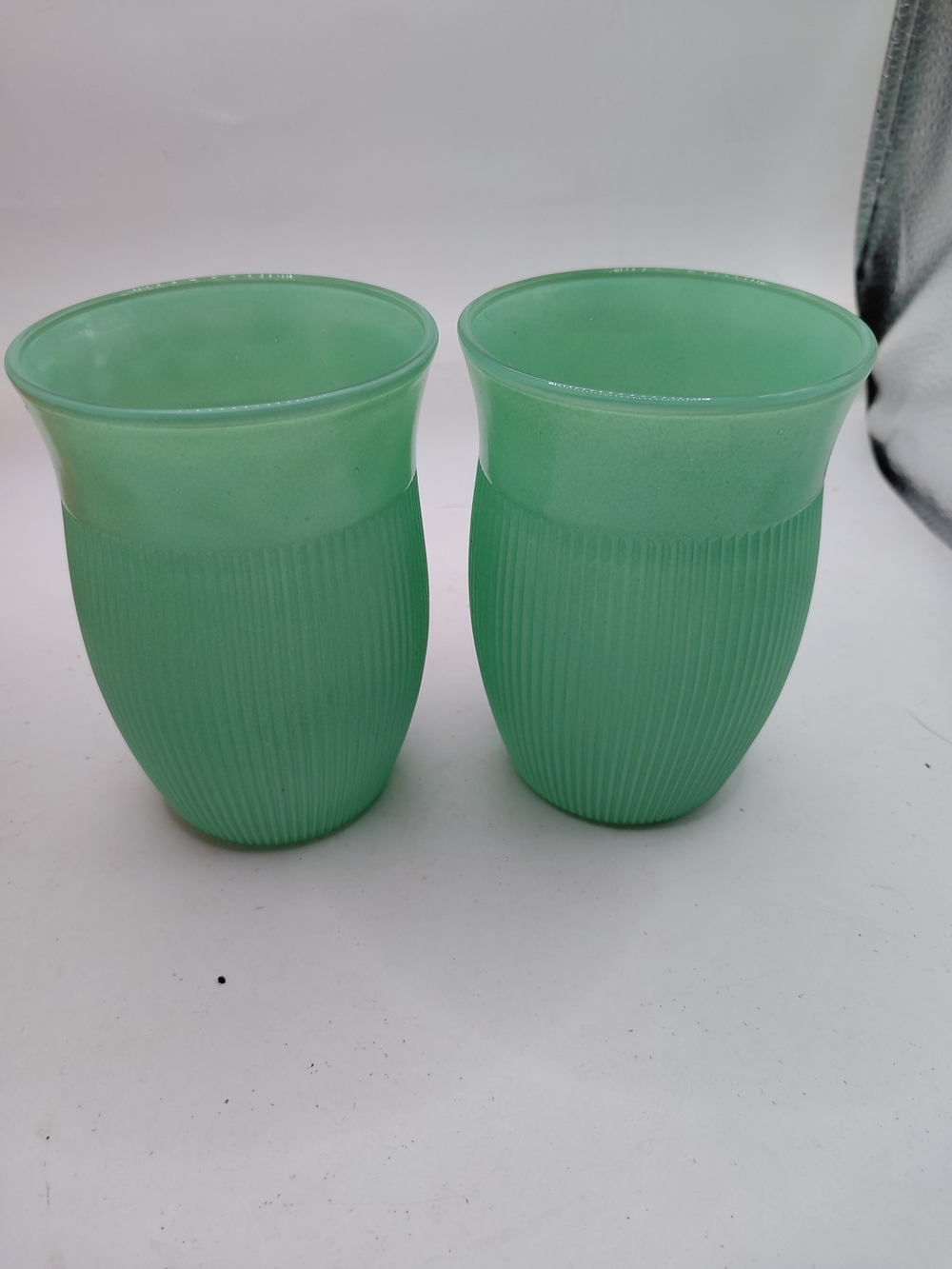 2 Vintage Hazel Atlas Fine Rib Flared Water Tumblers Green MCM